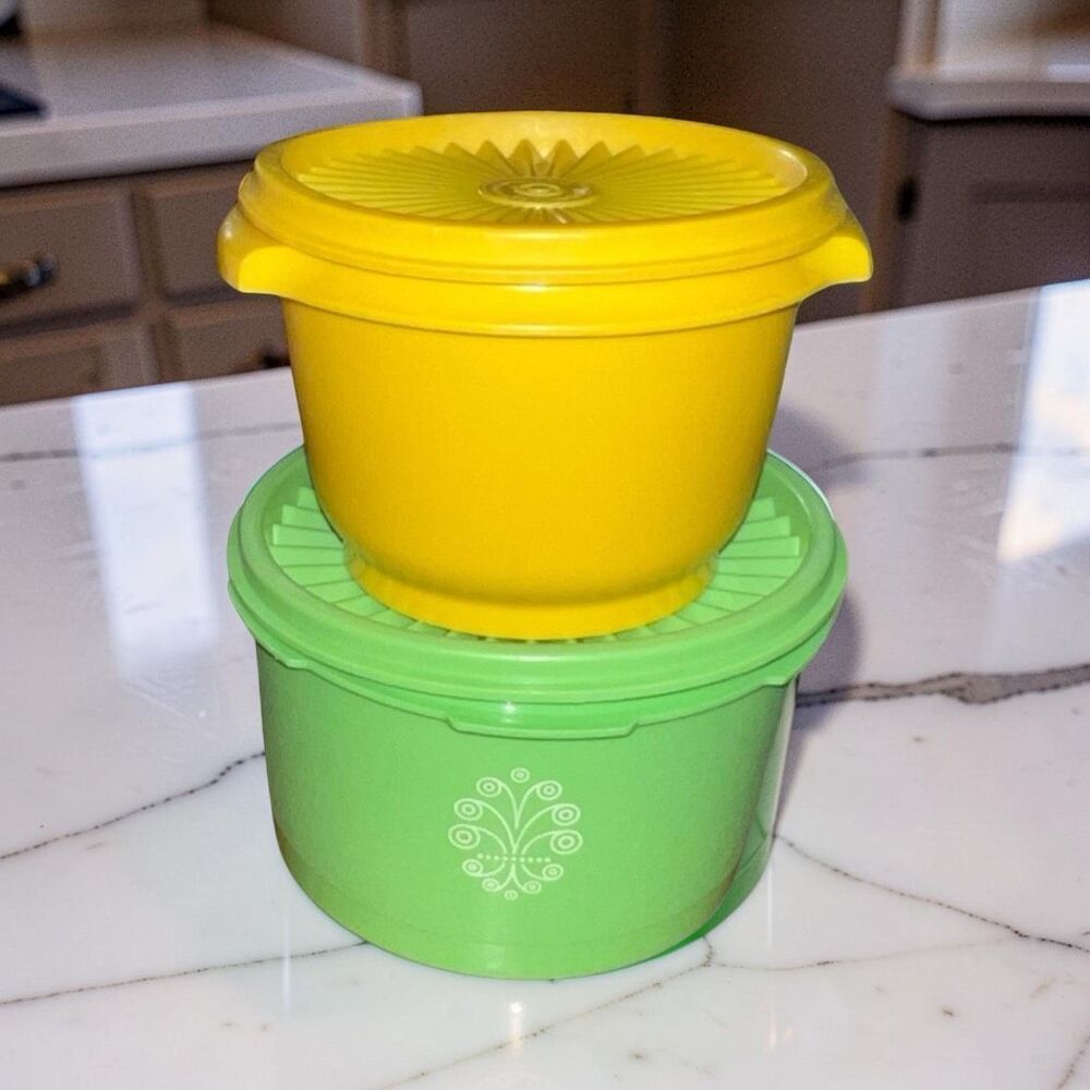 2 Vintage Small Tupperware Servalier Canisters W/ Lids Green/Yellow Containers